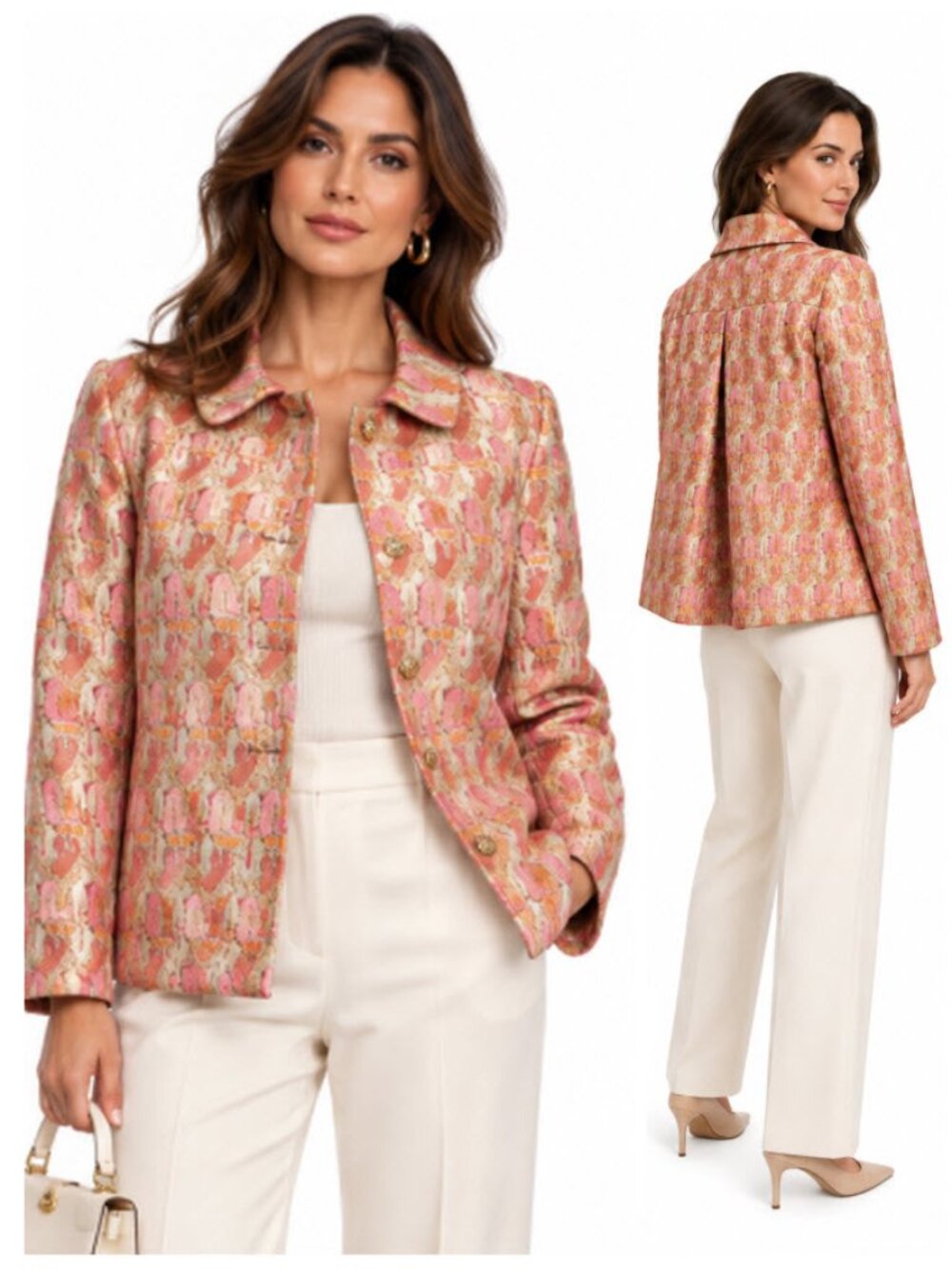 Pink Tartan Pink Gold Brocade Jacquard Opera Jacket NWOT Metallic Size 6 Chic